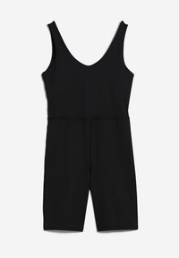 Mono negro de algodón con un escote en V profundo, diseño sin mangas y pantalones cortos ajustados. Textura suave sin patrones o acentos visibles.