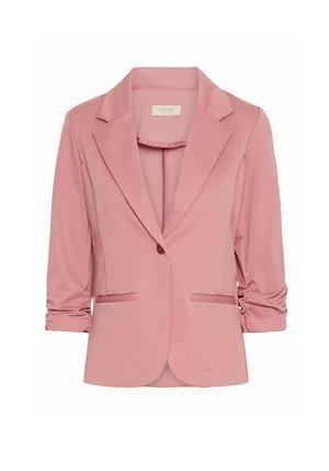 Rosa Blazer mit Reverskragen, Dreiviertelärmeln mit Raffdetail und zwei Fronttaschen. Hergestellt aus einem glatten, elastischen Stoff.