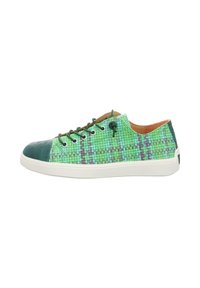 Green patterned sneakers with a textured upper, dark green toe cap, white sole, and brown accents. Features lace-up design.