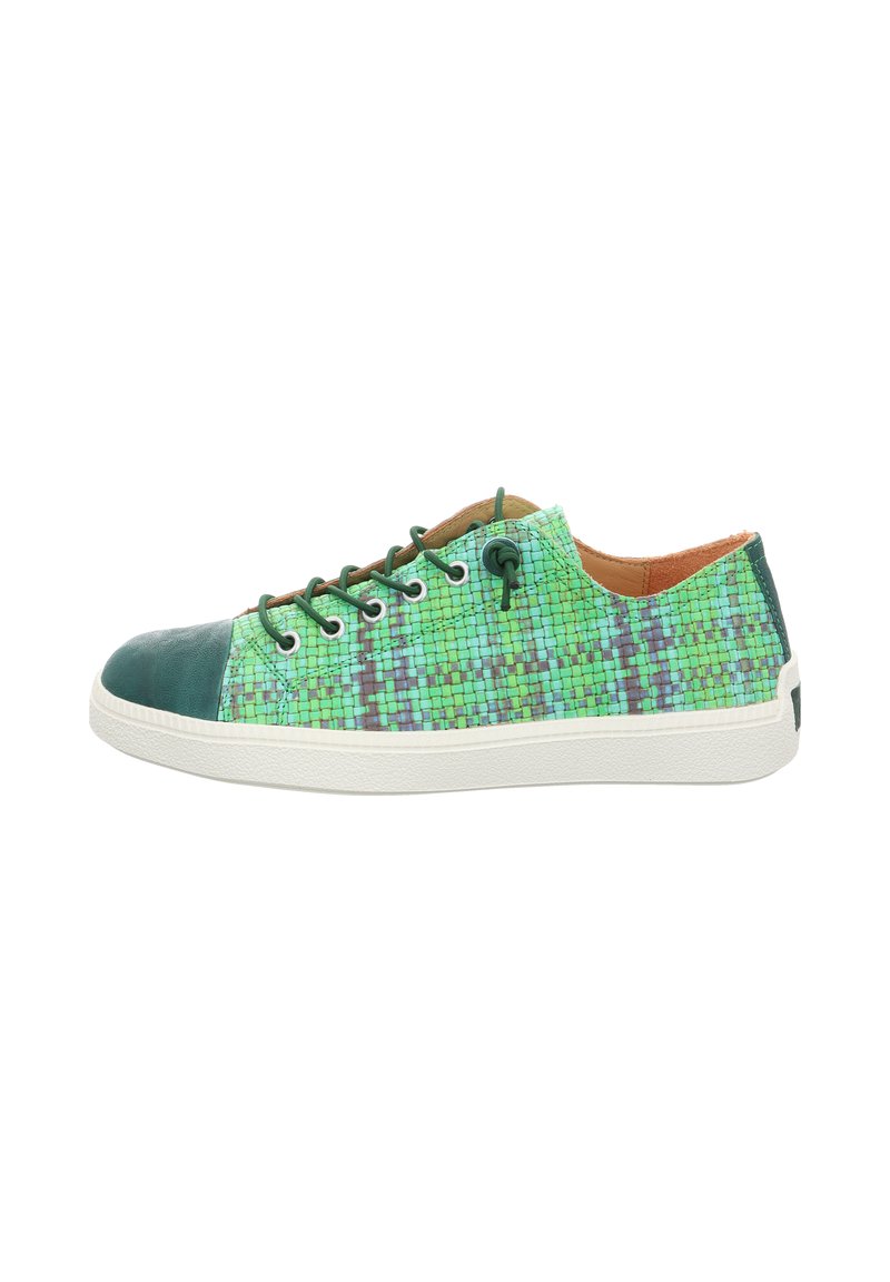 Green patterned sneakers with a textured upper, dark green toe cap, white sole, and brown accents. Features lace-up design.