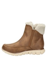 Stivaletti brown alla caviglia realizzati in pelle sintetica con un colletto in pelliccia sintetica e una suola in gomma color crema. Presentano una texture liscia e dettagli di cucitura discreti.