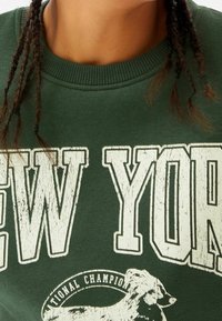 Zelená mikina s poškozeným bílým nápisem "NEW YORK." Kulatý výstřih, strukturovaná látka a grafika psa.