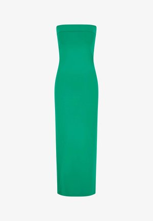 Strapless, floor-length dress in solid bright green fabric with a sleek, fitted silhouette and smooth texture. No visible patterns or accents.