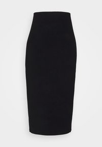 Černá, pletená midi sukně s vysokým pasem a přiléhavým střihem, s jednobarevným provedením a hladkou strukturou.