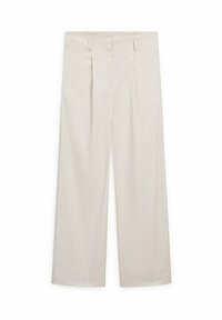Plisowane spodnie o szerokich nogawkach w jasnobeżowym kolorze, z wysokim stanem, bocznymi kieszeniami i gładką teksturą.
