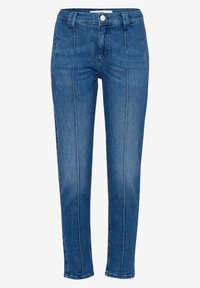 Džínové kalhoty v tmavě modré barvě s přiléhavým střihem, vybavené zapínáním na knoflík a vertikálním švem podél přední části.