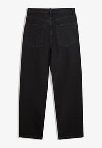 Sorte straight-leg jeans vist fra bagsiden, med to baglommer og bæltestropper på taljen.
