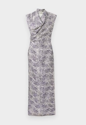 Sleeveless, long dress featuring a purple and white zebra stripe pattern with a draped neckline and slim, fitted silhouette.