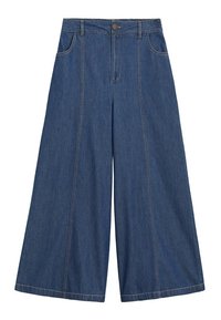 Pantalons en denim à jambes larges en bleu foncé, avec des poches avant, une fermeture à bouton et des coutures contrastées le long des coutures pour un détail supplémentaire.
