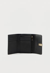 Portofel negru din piele cu multiple fante pentru carduri, un compartiment cu fermoar și accente aurii. Textură netedă, design minimalist.