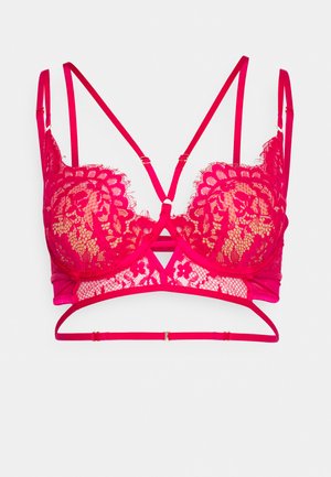 Rosa Spitzen-Bralette mit komplizierten Blumenmustern, verstellbaren Trägern und einem weichen Mesh-Untergrund. Mit goldfarbenen Hardware-Akzenten.