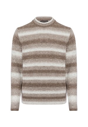 Gestreifter Pullover in Brauntönen und Creme, aus weichem Strickstoff mit strukturierter Rippe, mit Rundhalsausschnitt und langen Ärmeln.