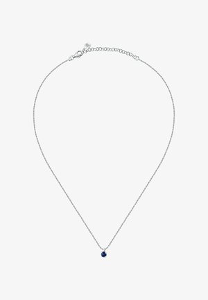 Collana in argento con un pendente di pietra blu singolo, design delicato, texture lucida e chiusura a gancio.
