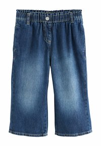 Otroški denim culotte z elastičnim pasom, svetlo modre barve, zblazinjena zasnova in vidnim šivom. Ima dve sprednji žepi.