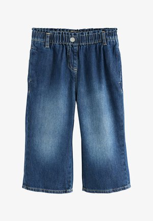 Culottes de mezclilla para niños con una cinturilla elástica, color azul claro, diseño desgastado y costuras visibles. Incluye dos bolsillos delanteros.