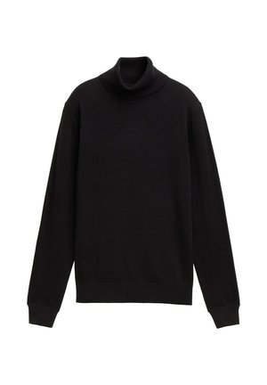 Pull à col roulé noir en matière tricotée douce. Dispose de manches longues et d'un col côtelé pour plus de confort. Design simple et dépouillé.