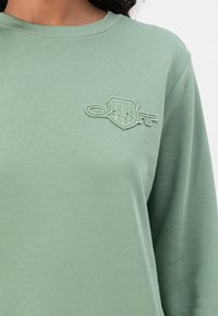 Felpa verde chiaro con colletto a girocollo a coste, maniche lunghe e un logo a scudo testurizzato con la parola "GAIN" ricamata in bianco.