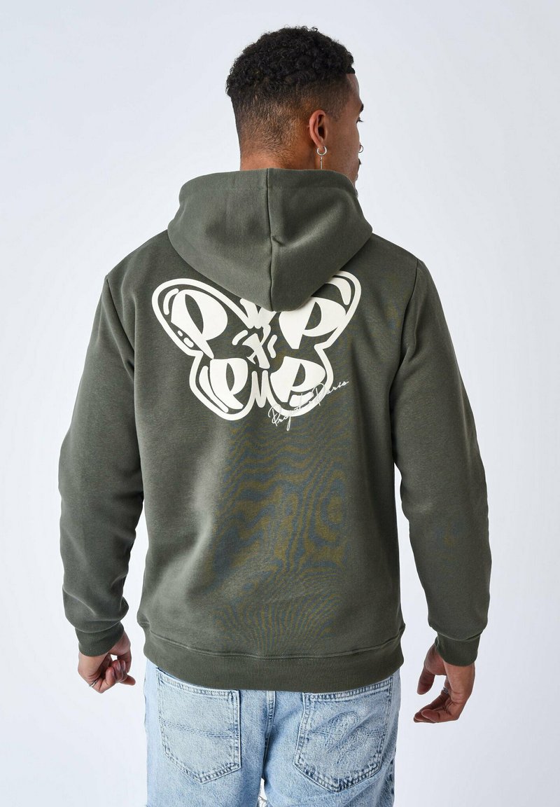 Felpa verde oliva con un grande motivo di farfalla bianca sul retro, polsini e orlo a costine, con cappuccio regolabile. Vestibilità casual.