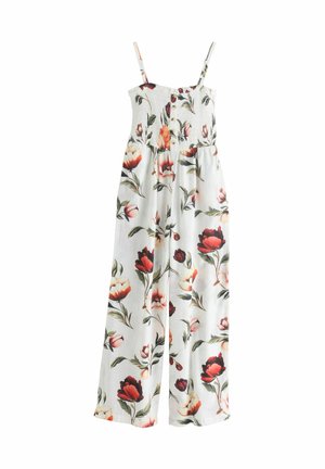 Weißer ärmelloser Jumpsuit mit rotem und pinkfarbenem Blumenmuster, gerafftem Oberteil, Knopfdetails und weitem Bein.