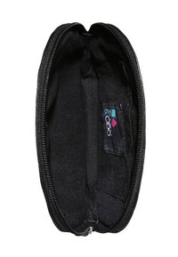 Black zippered pouch made of smooth fabric, featuring a soft interior with a logo tag. Oval shape with a narrow opening at the top.