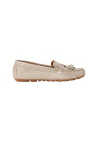 Beige nahka loaferit, jossa on fringi-koriste. Pyöristetty kärki, litteä pohja ja tekstuuri pinnassa. Hienovarainen kiilto parantaa kokonaisdesignia.