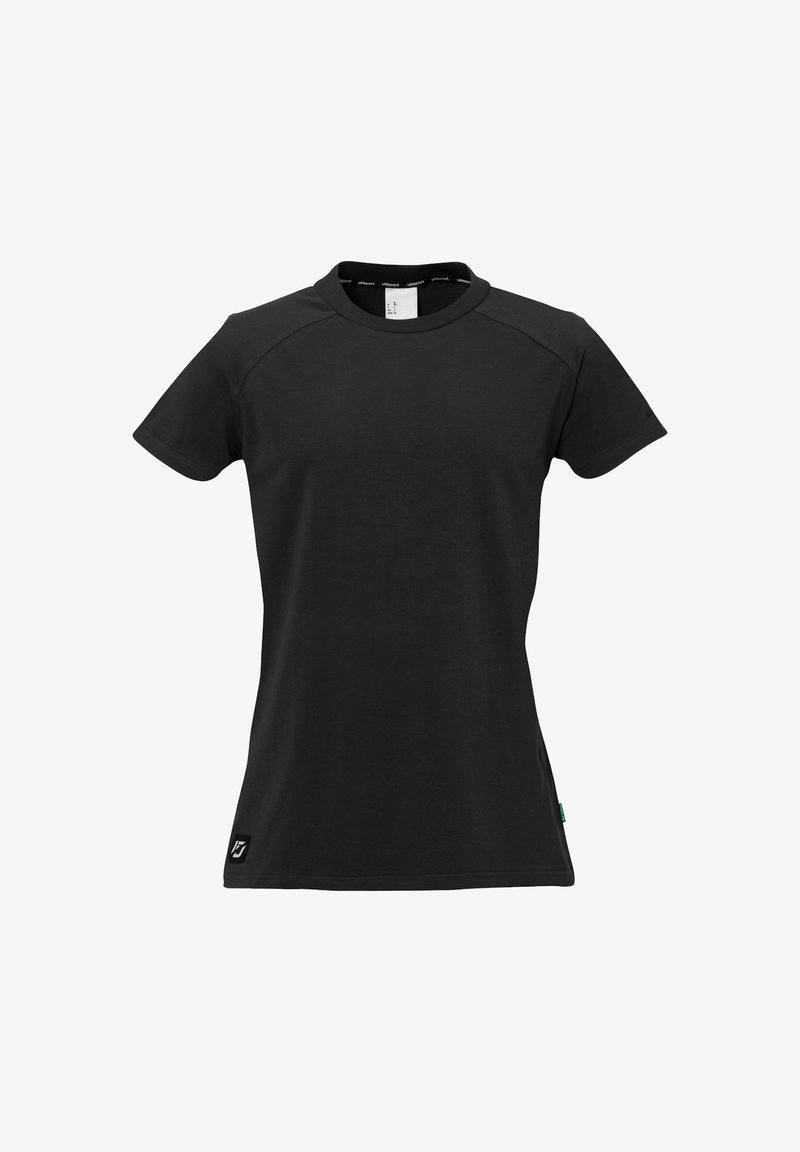 Sort kortærmet t-shirt lavet af blødt stof. Har rund hals, raglanærmer og et lille logo på kanten.