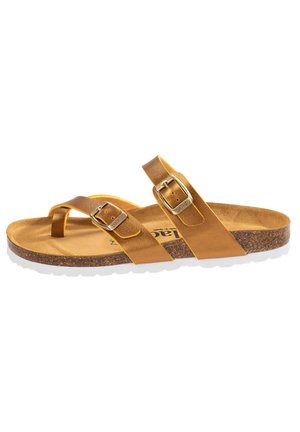 Brun lædersandal med to justerbare metalspænder og en tåstrop, korkfodseng og hvid gummisål.