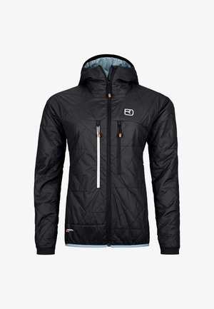 Black insulated jacket with a hood, featuring quilted design, two front pockets, and a contrasting light blue inner lining. Zipper closures visible.