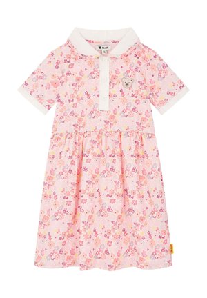 Helles rosa Kleid mit kurzen Ärmeln, Blumenmuster, weißen Kragen, Knopfleiste und Bärenemblem auf der Brust. Aus weichem Stoff gefertigt.