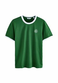 Grøn t-shirt med hvid ribbet krave og ærmeaccenter. Har et lille logo på brystet. Lavet af bomuldsstof.