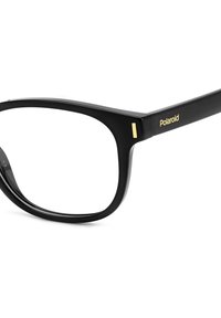 Occhiali da vista in plastica nera con montatura rettangolare. Marchio "Polaroid" in oro sulla asticella e un piccolo accento dorato di lato. Lenti trasparenti.