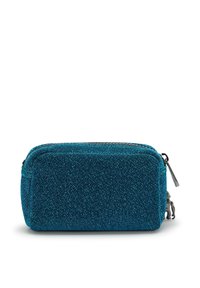 Taschen aus strukturiertem, türkisfarbenem Stoff mit Reißverschluss. Rechteckige Form mit subtiler shimmer und einem eleganten schwarzen Zipper.