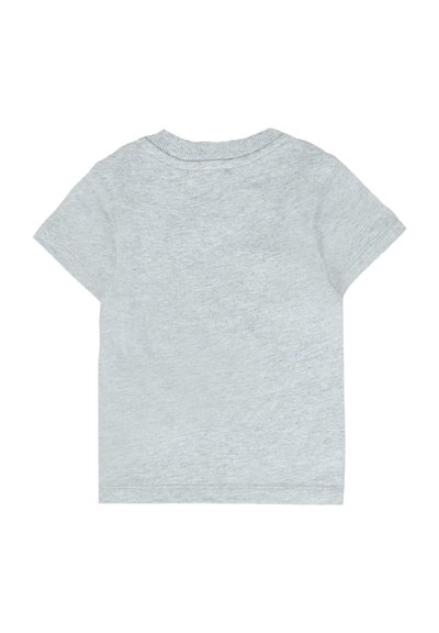 T-shirt in cotone grigio chiaro a maniche corte, visto da dietro, con colletto rotondo e semplici dettagli di cucitura.