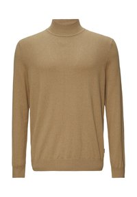 Beżowy sweter z golfem, z długimi rękawami, ściągaczami przy mankietach i kołnierzu, wykonany z miękkiego materiału dzianinowego, charakteryzujący się gładką teksturą i swobodnym stylem.