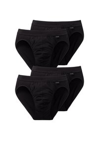 Quattro paia di slip in cotone nero con una texture a costine, dotati di un cinturino liscio e di un'etichetta del marchio su ciascun paio.