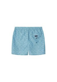 Costumi da bagno azzurri chiari con motivo a foglie. Realizzati in tessuto leggero, presentano una vita elasticizzata e una tasca posteriore con bottone.