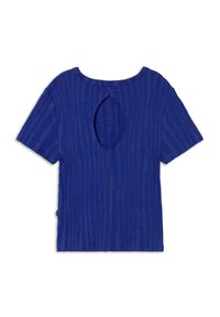 T-shirt bleu à manches courtes avec un motif texturé en côtes et une ouverture en forme de clé à l'arrière. Fabriqué en tissu léger.