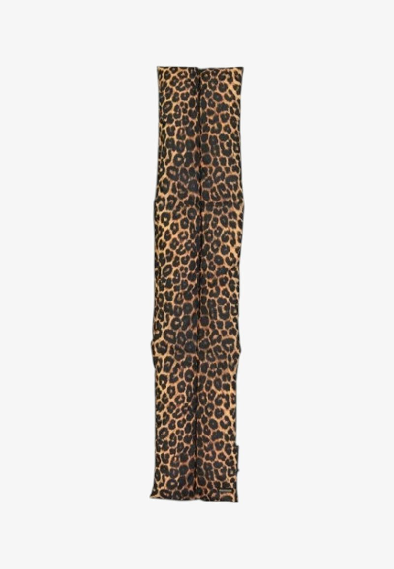 Longue écharpe imprimé léopard avec des taches noires et marron sur fond beige, étalée à plat.
