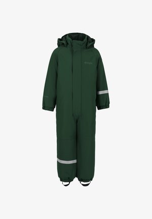 Zielony wodoodporny kombinezon z frontowym zamkiem błyskawicznym, elastycznymi mankietami i odblaskowymi akcentami. Połączony z czarnymi wodoodpornymi butami.