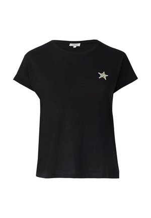 Zwarte korte mouwen t-shirt van zachte stof, met een kleine, kleurrijke sterpatch op de linkerkant van de borst. Casual pasvorm en ronde hals.
