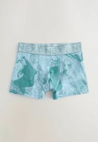 Boxer shorts azzurri chiari con un motivo verde marmorizzato, dotati di un cinturino grigio piatto e testurizzato con la scritta "NEXT" stampata ripetutamente.