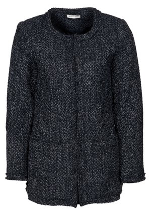 Mørkegrå tekstureret uldjakke med lange ærmer, rund halsudskæring og to forlommer, designet til kvinder.