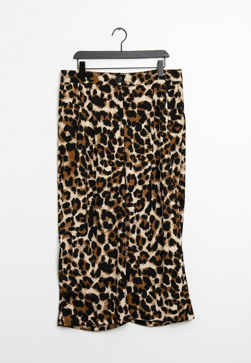 Leopard print skirt in brown, black, and cream, made of smooth fabric, with a relaxed fit and front button detail, hung on a black hanger.