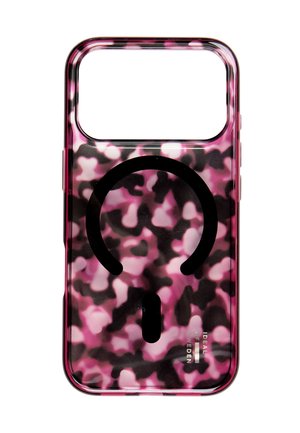 Mobilcover med pink og sort abstrakt camouflage mønster og sort symbol for trådløs opladning på hvid baggrund.