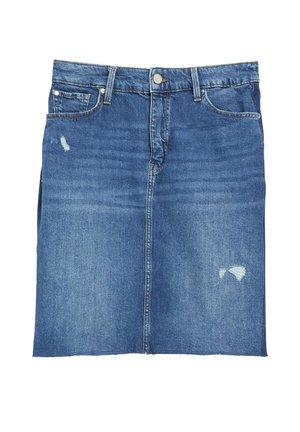 Blauer Jeansrock mit Frontknöpfen und Reißverschluss, Gürtelschlaufen, zwei Fronttaschen und leicht ausgefransten Details.