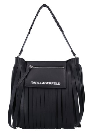 Sac à main en cuir noir avec longues franges, bandoulière tressée, poche zippée à l'avant et logo "KARL LAGERFELD" sur le rabat de la poche.