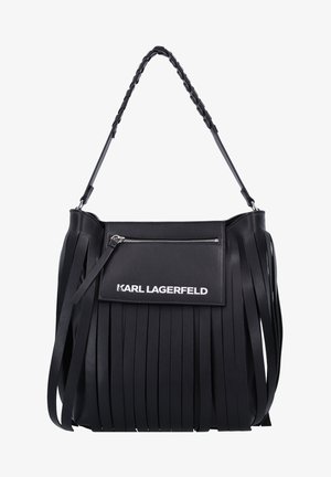 Schwarze Lederhandtasche mit langen Fransen, geflochtenem Schulterriemen, Frontreißverschlusstasche und "KARL LAGERFELD"-Logo auf der Taschenklappe.