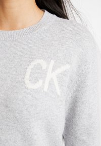 Hellgrauer Pullover aus weichem Strickmaterial, mit Rundhalsausschnitt und großem weißen "CK"-Logo auf der Vorderseite.