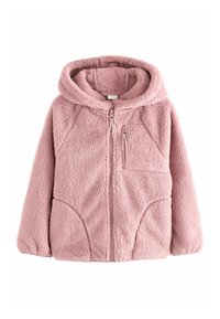 Rosa Fleecejacke mit Kapuze, ausgestattet mit einem Reißverschluss, Fronttaschen und einer strukturierten, weichen Oberfläche. Auffälliges Nähmuster entlang der Nähte.