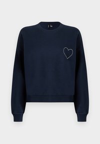 Sweatshirt navy con maniche lunghe, scollo a girocollo e polsini a coste. Presenta un design a forma di cuore realizzato con piccole borchie nella zona sinistra del petto.